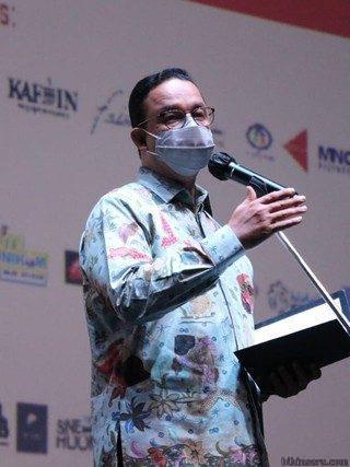 Gubernur DKI Jakarta, Anies Baswedan memberikan sambutan pada Pembukaan Jakarta Film Week 2021, Kamis (18/11) malam. Foto: Dok: Pemprov DKI Jakarta